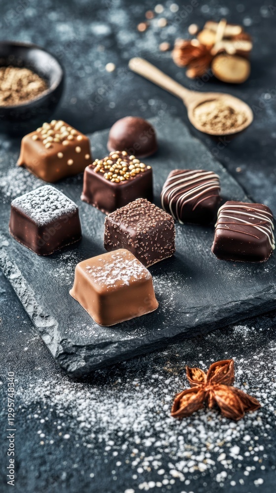 Gourmet chocolate selection on slate with powdered sugar spices Gourmet chocolate selection on slate with powdered sugar spices