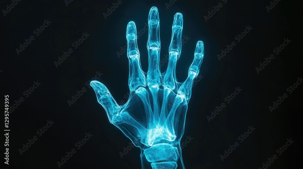 X-ray of a human hand with fingers spread wide, glowing blue against black background. X-ray of a human hand with fingers spread wide, glowing blue against black background.