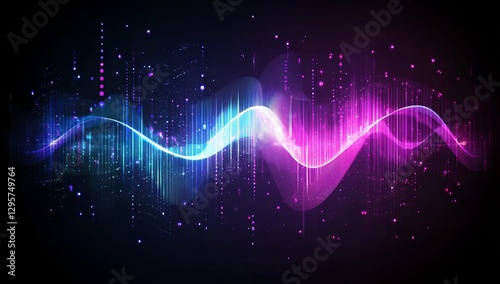 Abstract vibrant audio waves in a dark background with glowing particles. Possible use design element, cover art photo