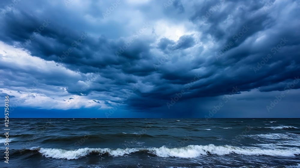 Dramatic seascape with dark storm clouds looming over turbulent ocean waves : Generative AI