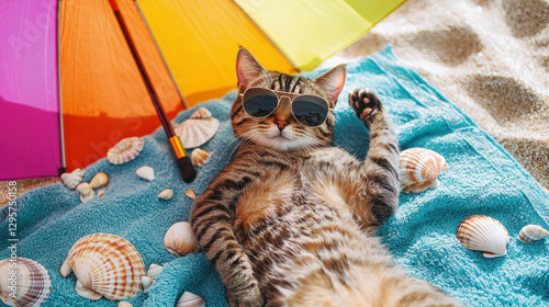 A cool tabby cat wearing aviator sunglasses, lounging on a beach towel under a colorful umbrella, surrounded by seashells and a tropical vibe photo