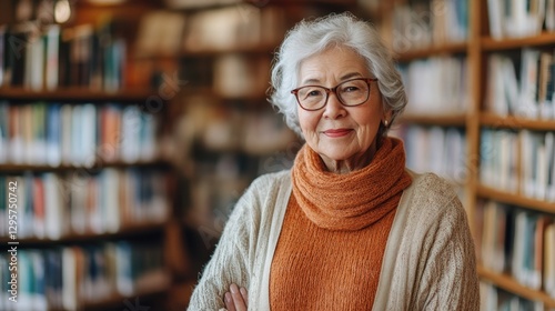 Elderly woman with glasses and gray hair wearing an orange sweater smiles warmly while standing in a cozy library filled with books on shelves