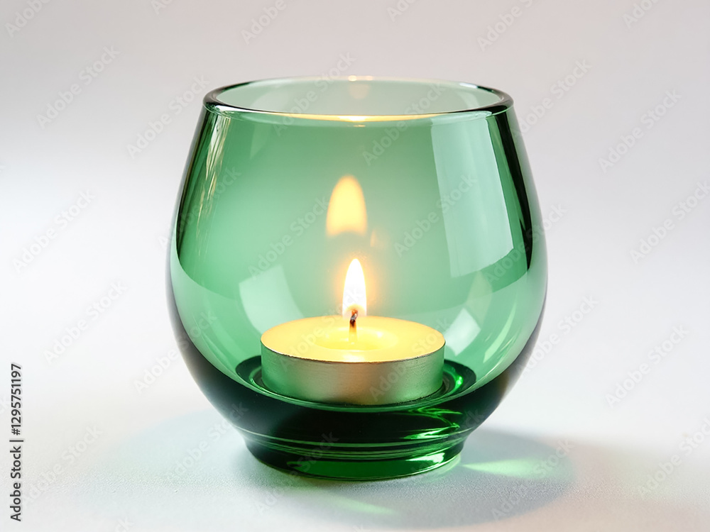 Recycled Object A green glass candle holder with a lit candle inside. The candle is small and the holder is round Recycled Object A green glass candle holder with a lit candle inside. The candle is small and the holder is round