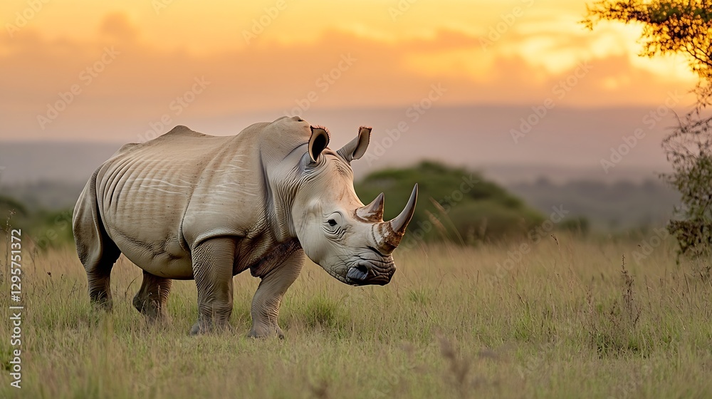 Fototapeta premium Majestic Rhino Standing Proudly Against a Vibrant Sunset in the Savanna : Generative AI