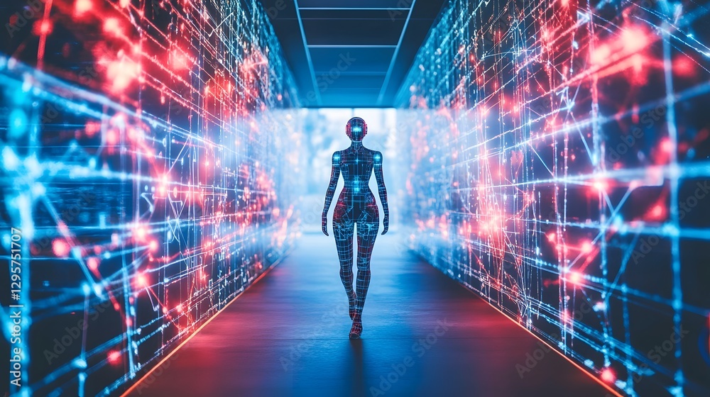 Futuristic humanoid robot walking through a digital corridor with glowing data visuals Futuristic humanoid robot walking through a digital corridor with glowing data visuals