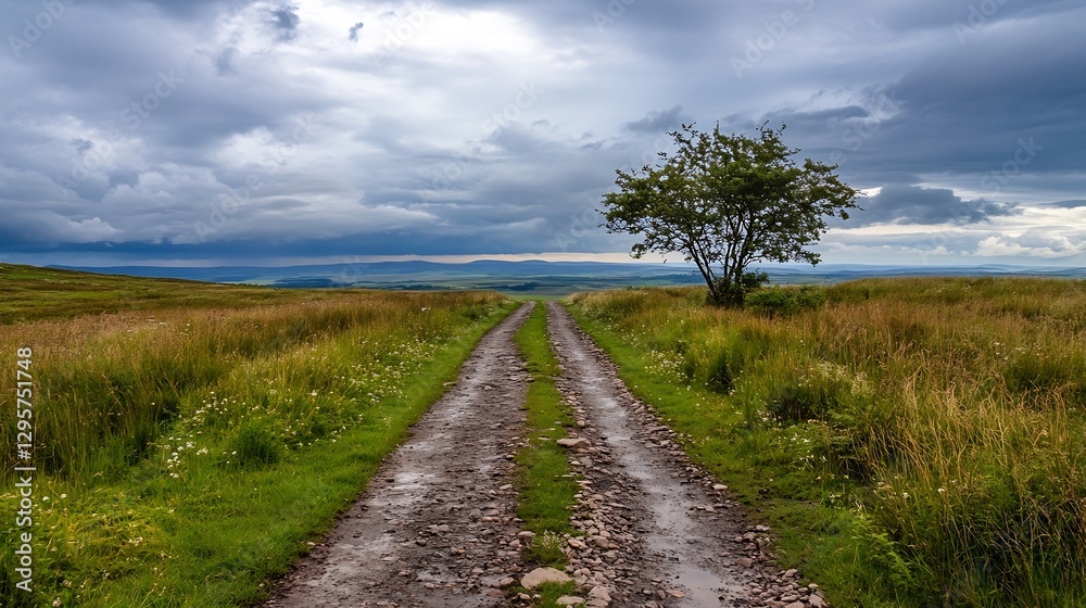 Scenic rural landscape with a winding dirt road and a solitary tree under a moody sky : Generative AI Scenic rural landscape with a winding dirt road and a solitary tree under a moody sky : Generative AI