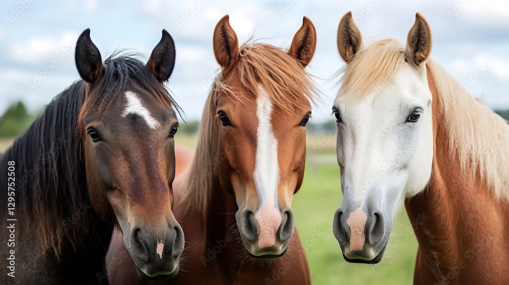 Obraz premium Three Majestic Horses Standing Together in Pasture with Soft Clouds in the Sky Behind Them : Generative AI