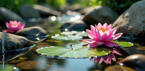 Pink pebbled riverbed with smooth stones and water lilies, flowing, water, lily