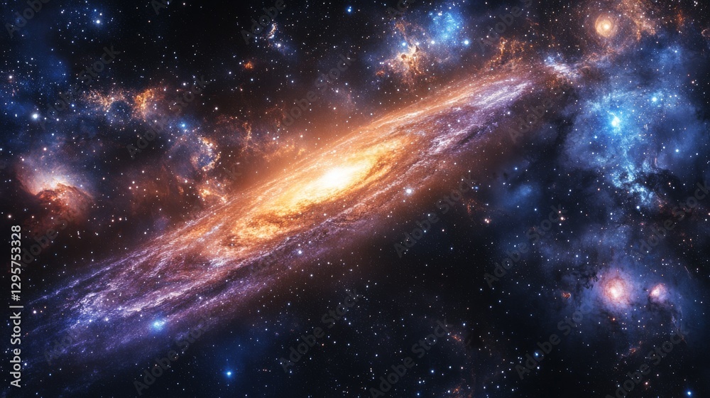 Fototapeta premium Vibrant, cosmic backdrop showcasing galaxies swirling with luminous stars, creating an otherworldly atmosphere.