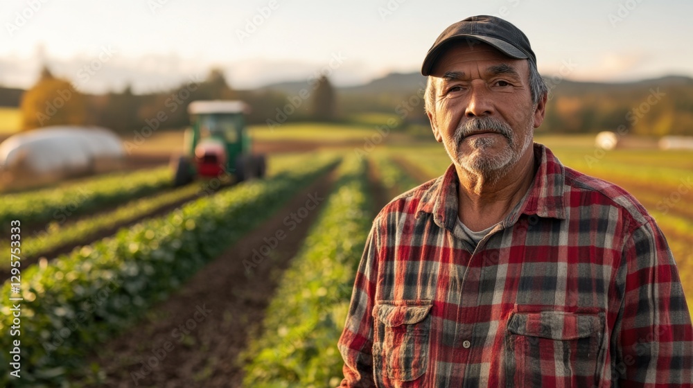 Obraz premium Elderly Farmer in Plaid Shirt Standing Confidently in Green Field with Tractor in Background During Golden Hour at Rural Farm Landscape