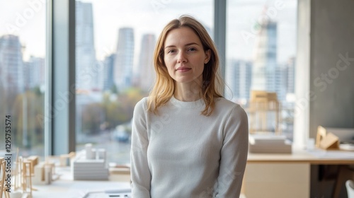 Free Download Young woman with light brown hair sitting in modern office space, natural light streaming through large windows, urban skyline backdrop - GFXLoad