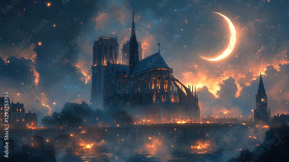 Naklejka premium Notre Dame Cathedral in anime style, glowing under the light of a crescent moon, with a soft mist and scattered glowing fireflies adding to the mysterious charm of the Gothic masterpiece. --ar 16:9