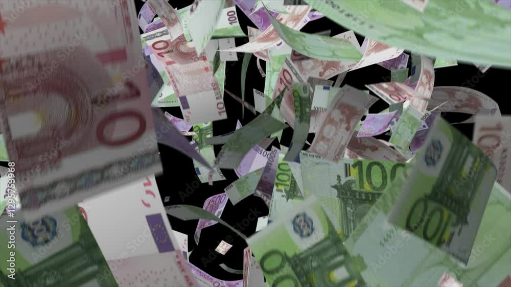 Overlay of hundreds of euro banknotes falling from above, black background