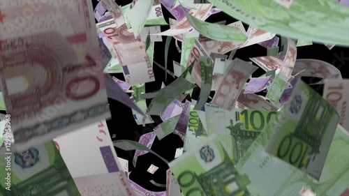 Overlay of hundreds of euro banknotes falling from above, black background