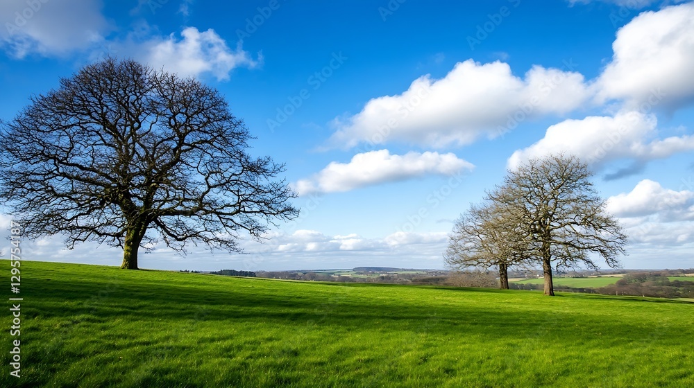 Scenic Green Field under a Bright Sky with Trees and Beautiful Cloudy Weather : Generative AI Scenic Green Field under a Bright Sky with Trees and Beautiful Cloudy Weather : Generative AI