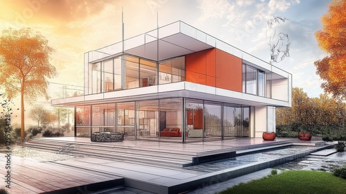 Illustration showing a modern house project becoming a real home, blending technical drawing with a real photo