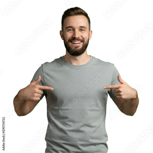 Mockup grey shirt on a transparent PNG. The man is pointing to the middle of the shirt to reinforce the message 