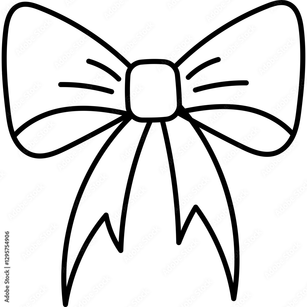 Simple doodle silk bow. Lovely outline hand drawn decorative ribbon knot for hairstyle, presents wrapping, gift boxes and packages decoration. Cute sewing item isolated on white background.