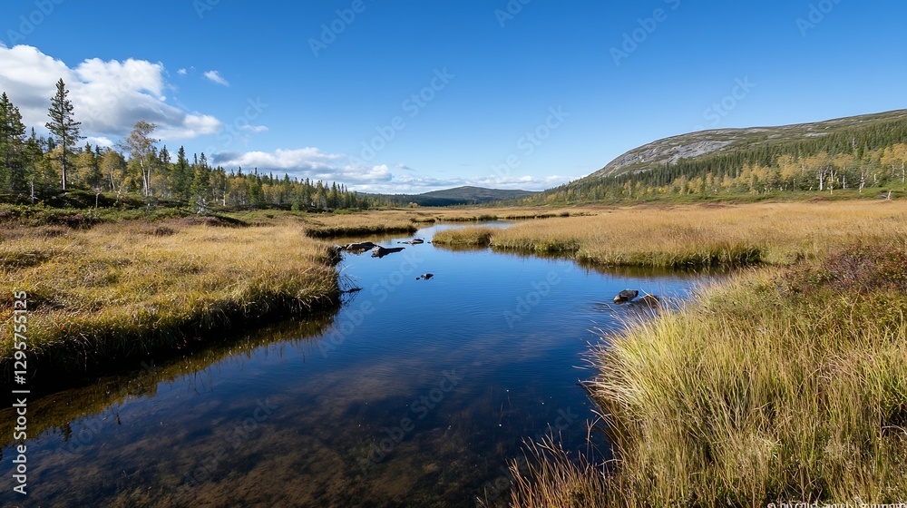 Breathtaking Landscape of Serene River Amidst Golden Grass and Lush Forest under Blue Sky : Generative AI Breathtaking Landscape of Serene River Amidst Golden Grass and Lush Forest under Blue Sky : Generative AI