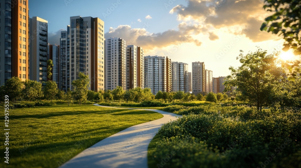 Obraz premium Modern apartment buildings with green lawns and a walking path
