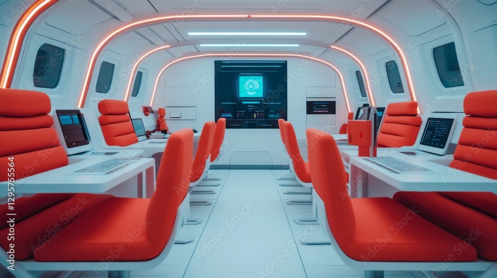 Futuristic interior workstation space, modern design, interactive displays Futuristic interior workstation space, modern design, interactive displays