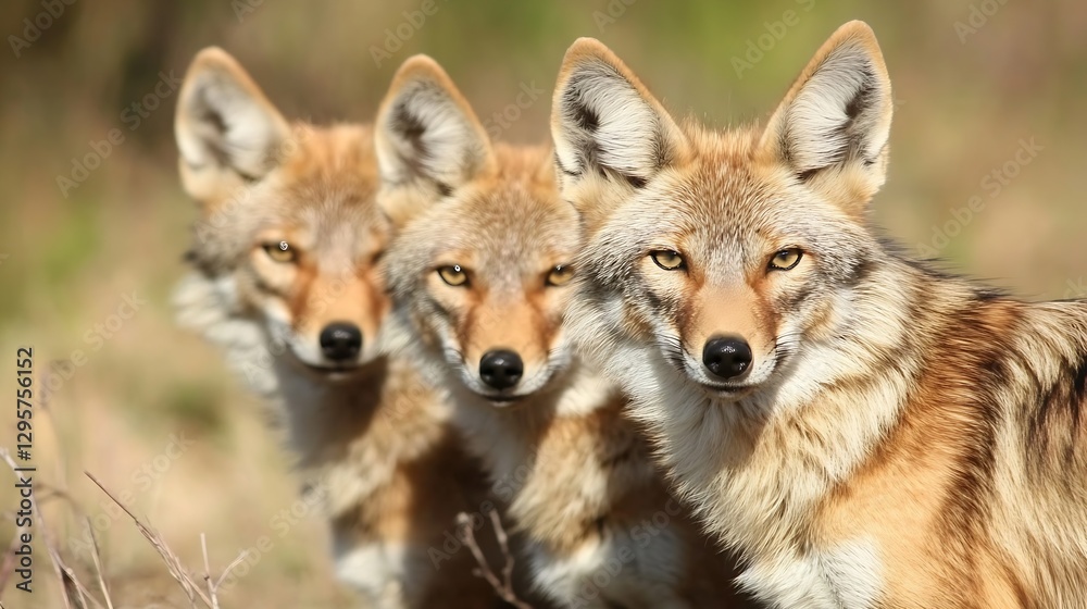 Fototapeta premium Three curious coyotes standing together in a natural setting looking towards the camera : Generative AI