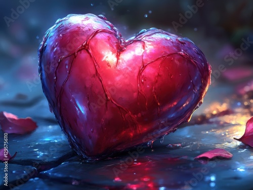 Wallpaper Mural Cracked heart-shaped object oozing liquid on a dark, wet surface, glowing with eerie light, generative AI. Torontodigital.ca