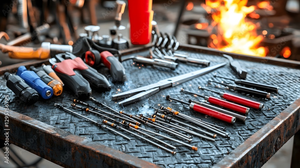 Fototapeta premium Detailed Shot of Welding Electrodes Wrenches and Other Tools Laid Out on a Metal Workbench with Glowing Embers and Sparks Nearby