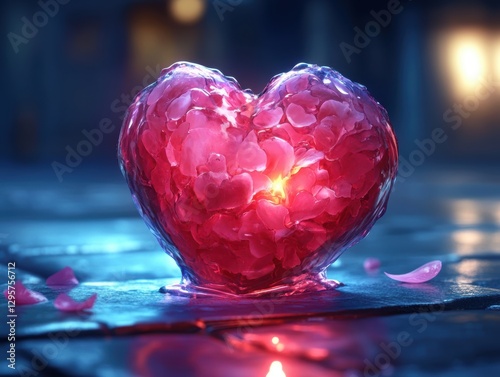 Wallpaper Mural Cracked heart-shaped object oozing liquid on a dark, wet surface, glowing with eerie light, generative AI. Torontodigital.ca