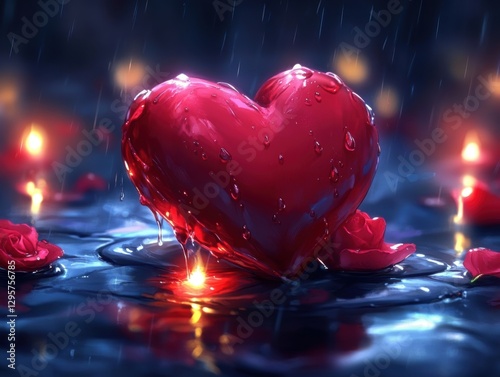 Wallpaper Mural Cracked heart-shaped object oozing liquid on a dark, wet surface, glowing with eerie light, generative AI. Torontodigital.ca