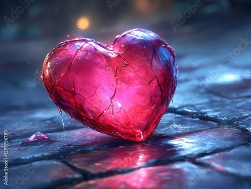 Wallpaper Mural Cracked heart-shaped object oozing liquid on a dark, wet surface, glowing with eerie light, generative AI. Torontodigital.ca