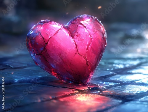 Wallpaper Mural Cracked heart-shaped object oozing liquid on a dark, wet surface, glowing with eerie light, generative AI. Torontodigital.ca
