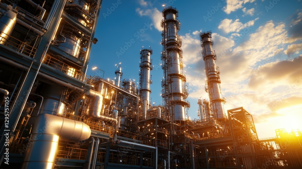 Large industrial refinery complex with smokestacks and storage tanks under a clear blue sky Large industrial refinery complex with smokestacks and storage tanks under a clear blue sky