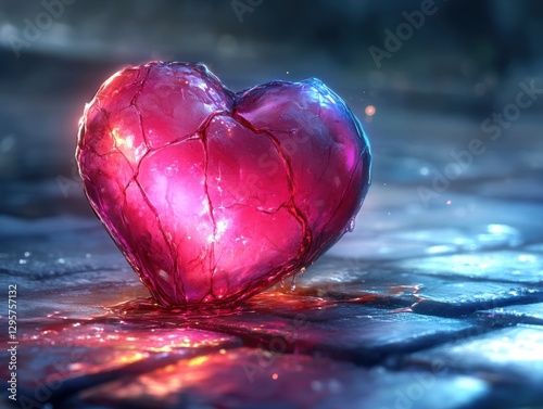 Wallpaper Mural Cracked heart-shaped object oozing liquid on a dark, wet surface, glowing with eerie light, generative AI. Torontodigital.ca