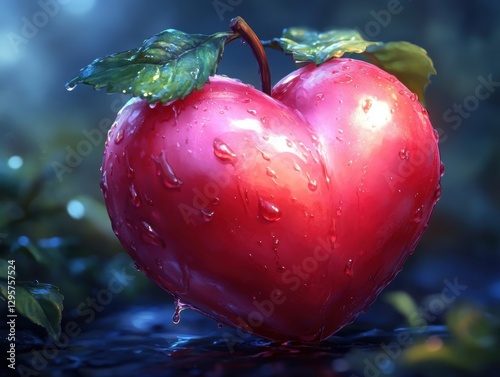 Wallpaper Mural Heart-shaped apple with dewdrops on a dark forest floor, glowing with soft light, generative AI. Torontodigital.ca