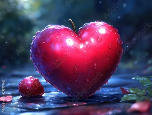 Wallpaper Mural Heart-shaped apple with dewdrops on a dark forest floor, glowing with soft light, generative AI. Torontodigital.ca