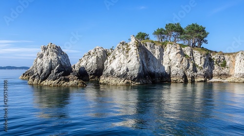 Peaceful Rocky Island Surrounded by Calm Blue Ocean Waters : Generative AI photo