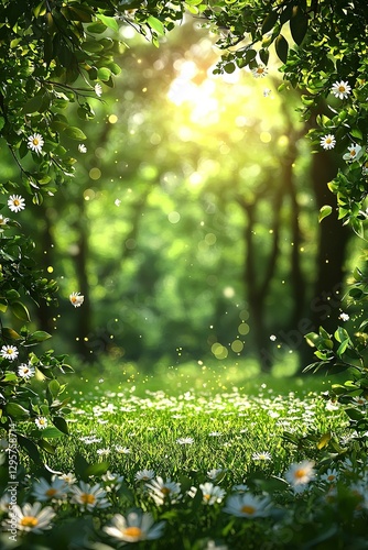 A field of daisies in the middle of a lush green forest