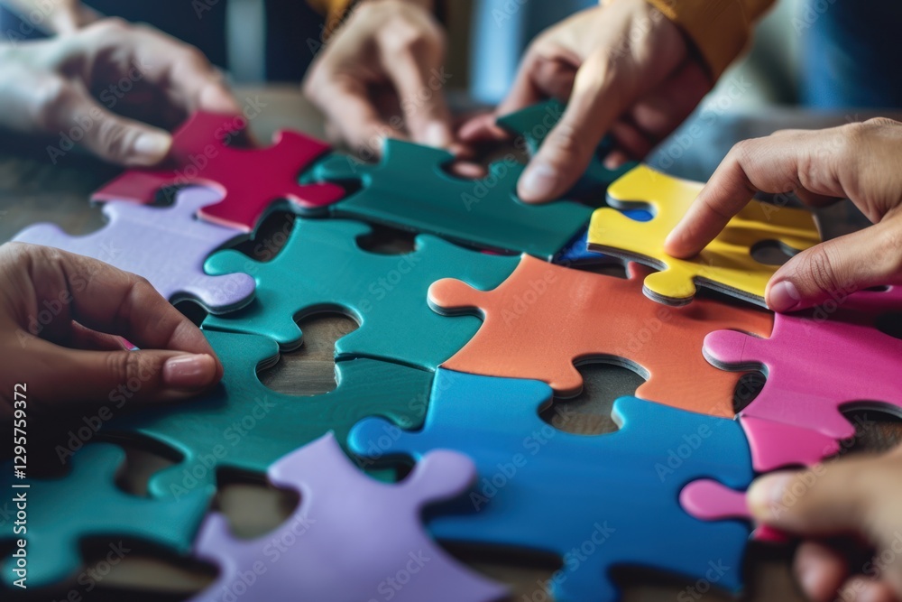 Hands join puzzle pieces, putting the jigsaws team together, business concept Hands join puzzle pieces, putting the jigsaws team together, business concept