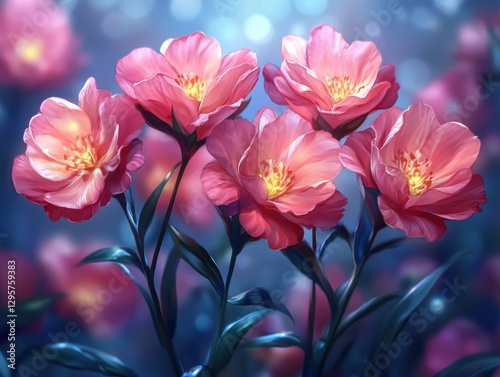 Wallpaper Mural Lush pink flowers with delicate petals glowing softly against a dreamy blue background, generative AI. Torontodigital.ca