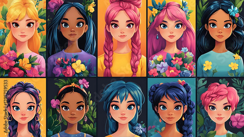 Vibrant female portraits with floral designs on colorful backgrounds for International Women’s Day