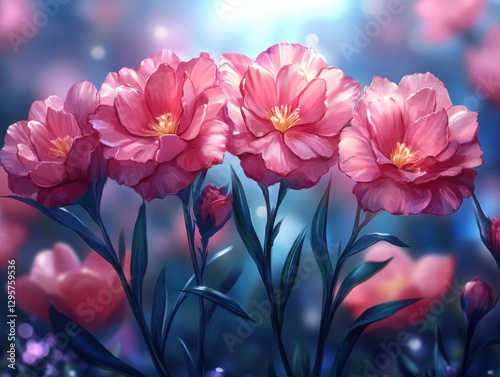 Wallpaper Mural Lush pink flowers with delicate petals glowing softly against a dreamy blue background, generative AI. Torontodigital.ca