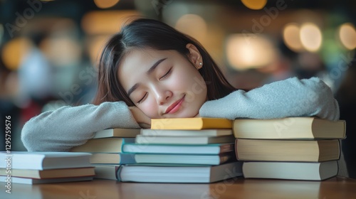 A tired young Asian female university student is resting her head on a stack of books, Generative Ai.