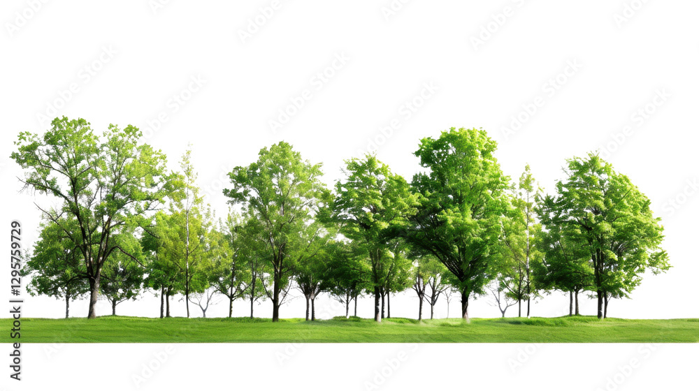 Fototapeta premium Green trees row growing on grass with transparent background