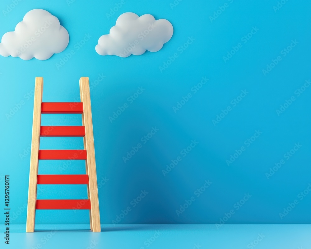 Vibrant Ladder Against Blue Wall with Clouds Vibrant Ladder Against Blue Wall with Clouds