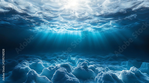 Underwater scene with sunlight rays illuminating the ocean waves and white foam for background