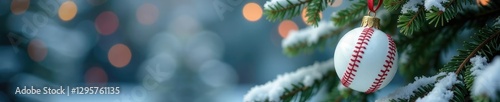 Snowy tree branch with white Christmas ornament in the shape of a baseball ball attached to red ribbon, snowflake, christmas tree, winter decoration