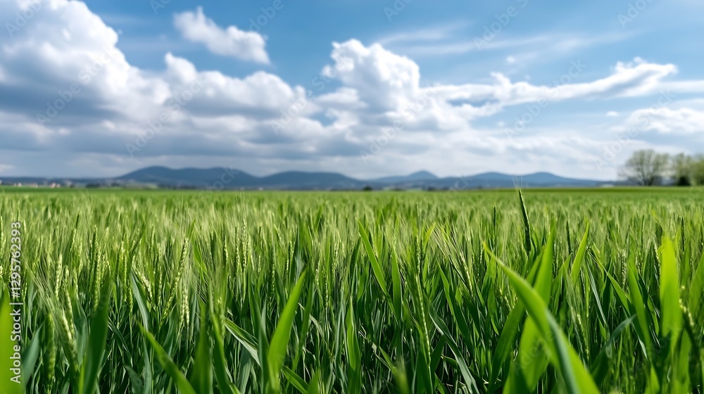 Vibrant Green Wheat Field Under a Bright Blue Sky with Fluffy Clouds Creating a Picturesque Landscape : Generative AI Vibrant Green Wheat Field Under a Bright Blue Sky with Fluffy Clouds Creating a Picturesque Landscape : Generative AI