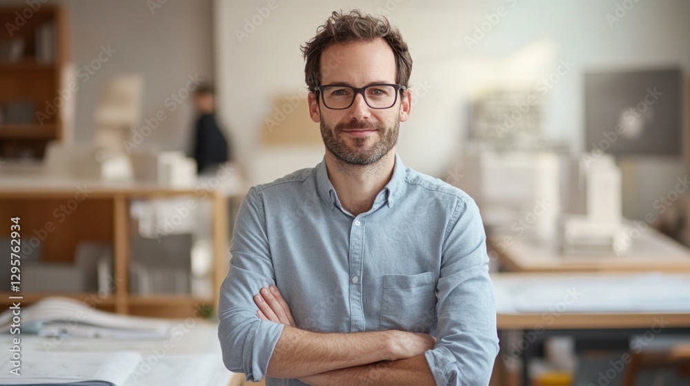 Confident male architect in a modern office environment, posing with arms crossed and smiling, showcasing creativity and professionalism in design workspace Confident male architect in a modern office environment, posing with arms crossed and smiling, showcasing creativity and professionalism in design workspace