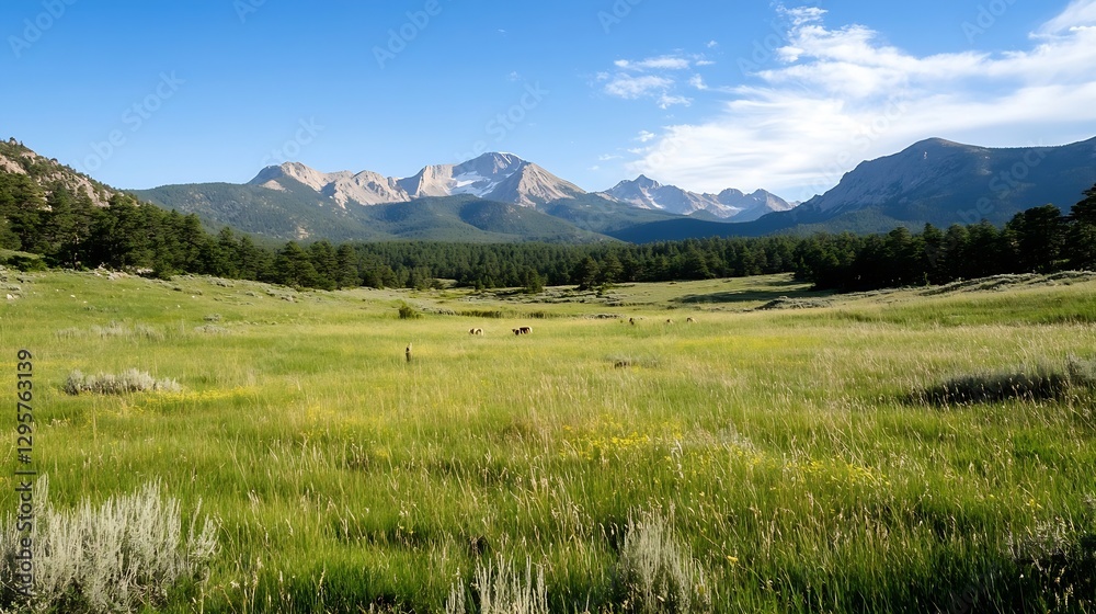 Fototapeta premium Scenic Summer Meadow With Mountains in the Background Under Blue Sky : Generative AI